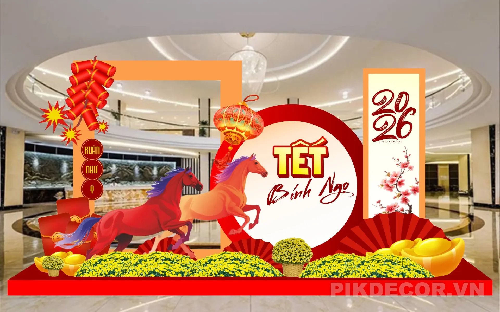 Backdrop Decor Tết 2026 Mới Nhất Xuân Bính Ngọ