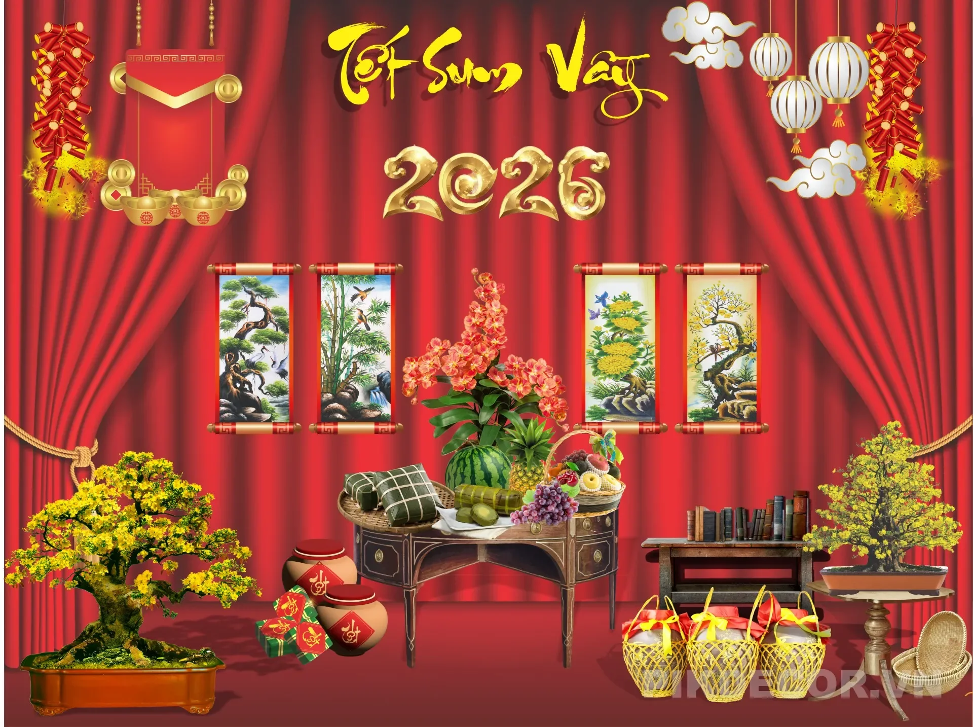 Backdrop Tiểu Cảnh Tết Chuẩn In Ấn Khổ Lớn