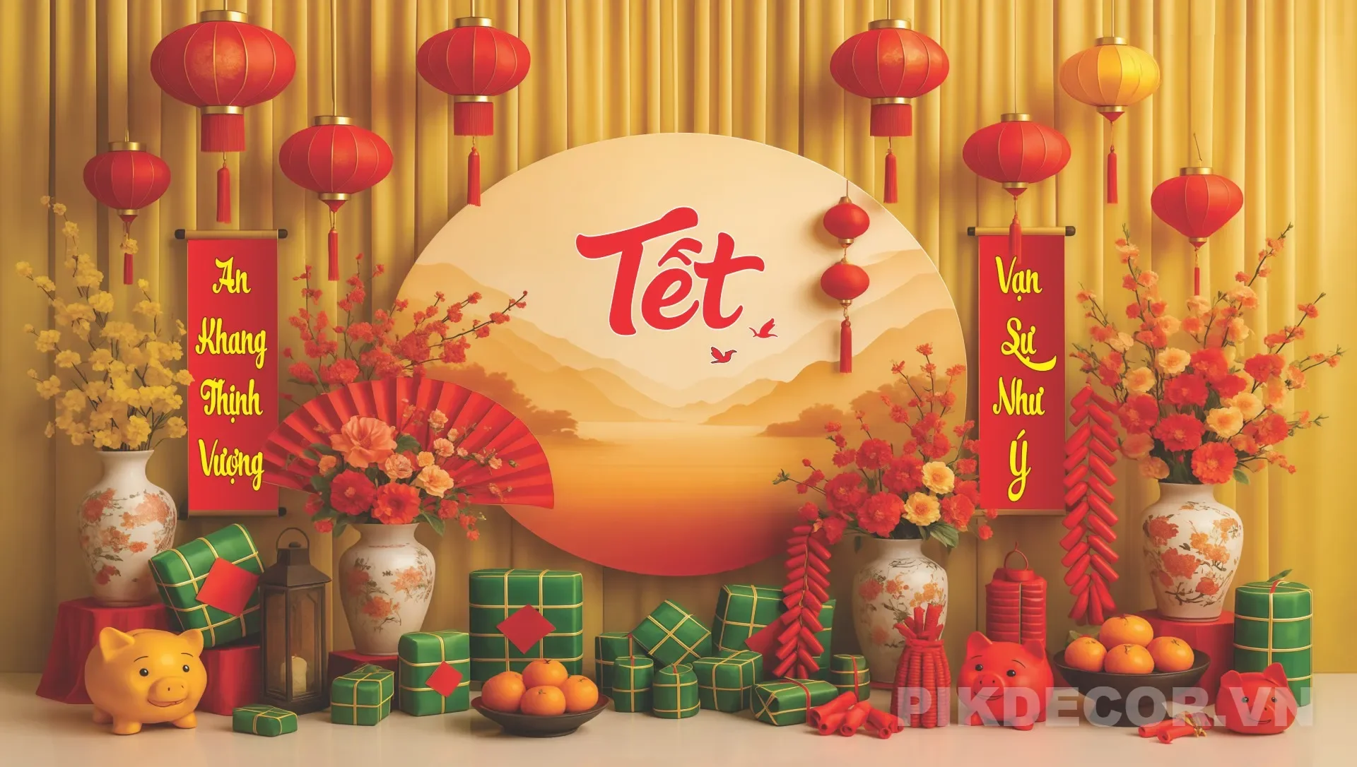 Backdrop Tiểu Cảnh Tết Mới Nhất Chuẩn In Ấn