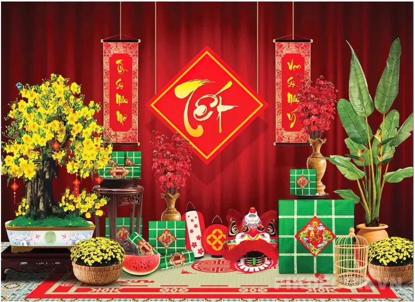 Backgroud Tiểu Cảnh Tết Mới Nhất Chuẩn In Ấn Vector