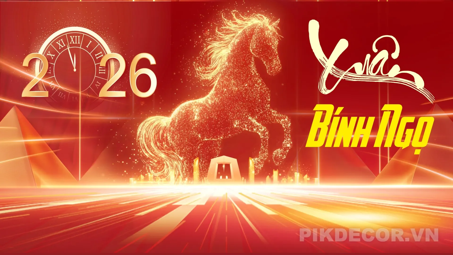 Mẫu Background Xuân Bính Ngọ 2026 – Nghệ Thuật Ánh Sáng Và Linh Vật Phong Thủy